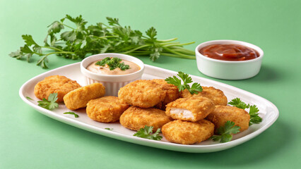 Crispy Chicken Nuggets on White Plate – Isolated on Green Studio Background for Food Ads and Menus