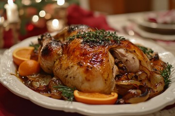 Roasted chicken with citrus and herbs on festive table