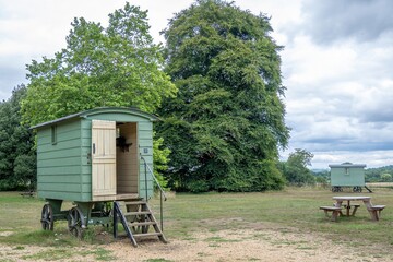 rustic green shepherds hut with trees in the background