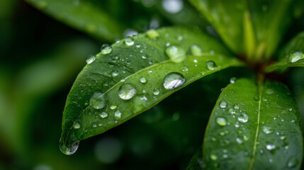 Water droplets on green leaves close-up