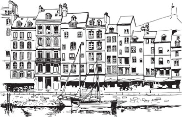 Drawing bay of Honfleur. Hand drawn illustration in vector. Beautiful houses. Boats on the water. Painted in sketch style. Suitable for print, postcard, sketchbook cover, decor, stickers, your design.