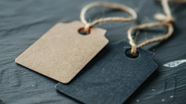Two paper tags suspended from a string on a desk or table, ideal for use in office or study settings