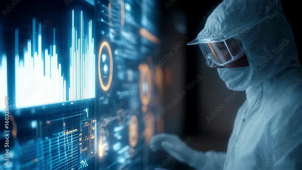 Poster scientist in protective gear interacts with a futuristic touchscreen displaying complex data visuali