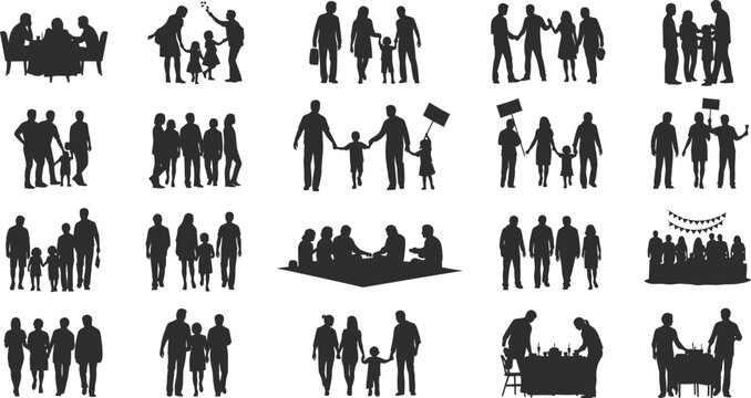 Vector silhouettes of diverse people walking, posing, and in groups, perfect for business and fashion illustrations