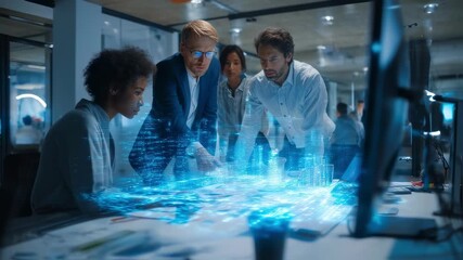In a modern office, a diverse team of developers collaborates on an innovative project, creating a digital city with futuristic technology projected onto a table - Powered by Adobe
