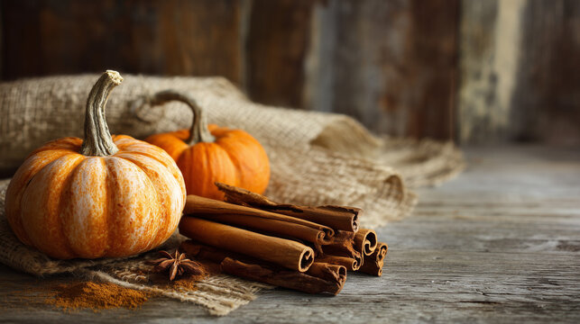 Pumpkin and cinnamon sticks on rustic table - Powered by Adobe
