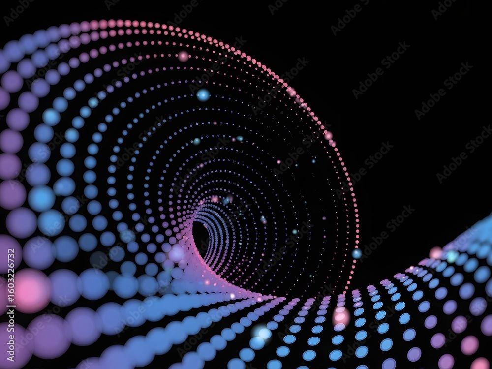 Poster abstract digital tunnel of dotted light particles with pink and blue gradient on a black background 