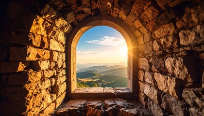 Stone window framing a scenic landscape view with mountains and sunset