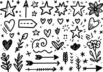 Sketch doodle cute star, emphasis, flower element. Cute line sketch star, arrow, heart decoration element icon set. Pen line text decoration shape icon. Vector illustration. EPS  version.