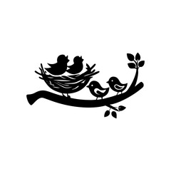 Silhouette of Baby Birds in a Nest and Adult Birds on a Branch