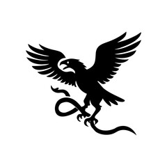 Black Silhouette of Eagle Gripping Snake with Claws Midair, Emblematic Design
