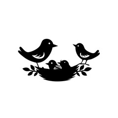 Silhouette of a bird family with nest and eggs, illustration style.