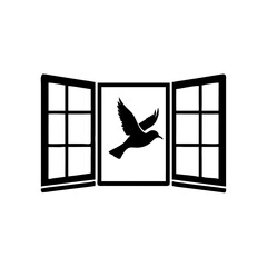 A Black and White Silhouette of a Bird Flying Through an Open Window