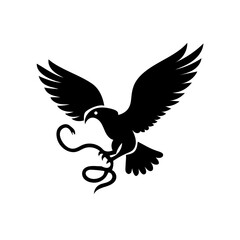 Black silhouette illustration of an eagle catching a snake in midair