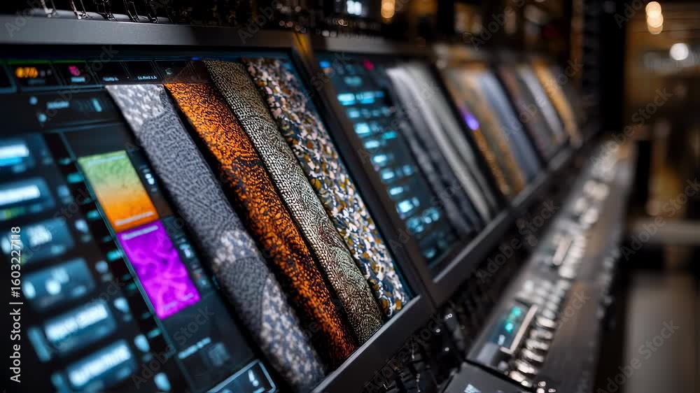 Poster touch screen computer displaying fabric samples and settings, highlighting the innovative process of