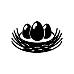 Graphic illustration of bird's nest with three eggs, spring time depiction