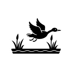 Silhouette of a Duck Flying above pond 
