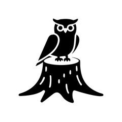 Silhouette of an owl sitting on a tree stump in stark black