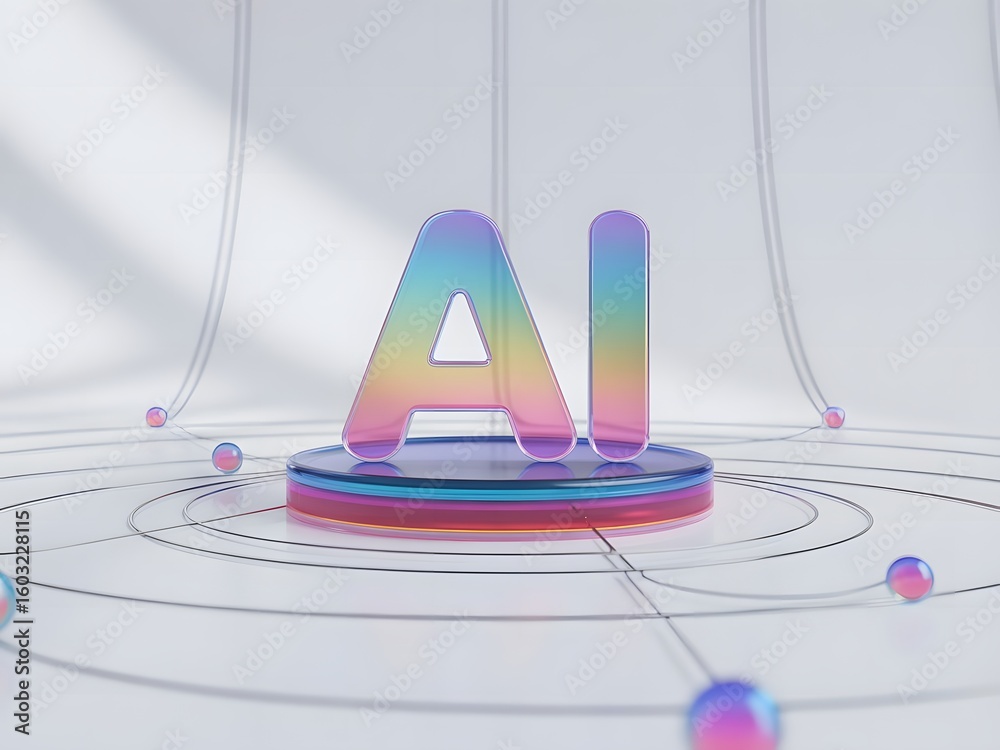 Poster futuristic artificial intelligence concept with iridescent letters on a platform representing advanc