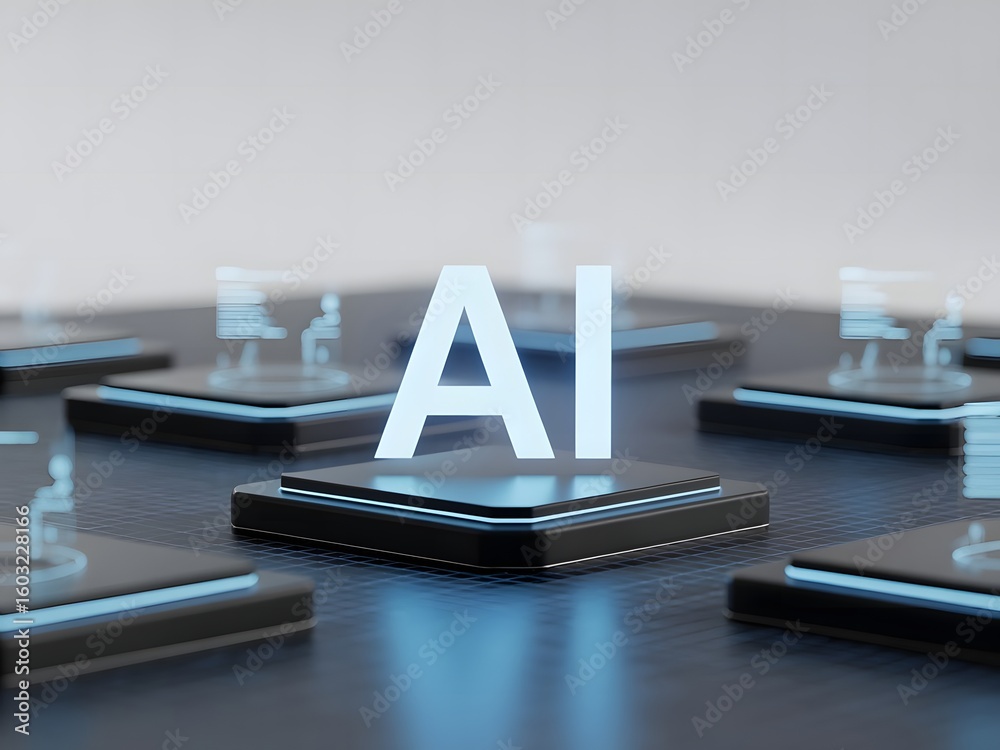 Poster artificial intelligence concept with glowing ai text on platforms representing the future of technol
