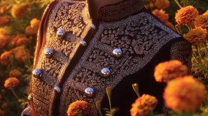 An embroidered charro jacket with silver buttons, bathed in golden sunset light, with marigold flowers softly blurred in the background.