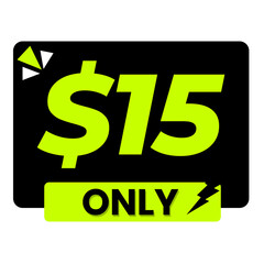 $15 only png, black colour price tag, flat modern sticker, shop sale badge