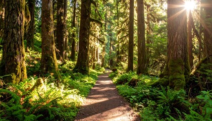 Fototapeta premium Sunlit pathway through an enchanting forest with lush greenery and towering trees