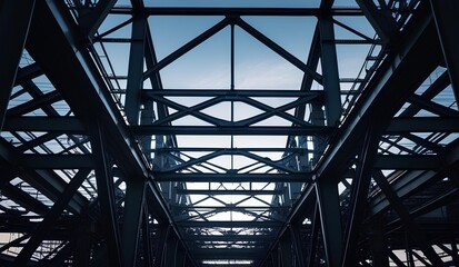 an industrial metal structure, showcasing intricate steel beams and supports