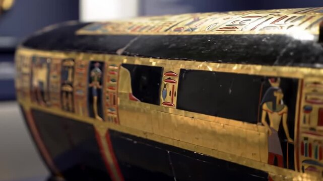 Ornate Egyptian coffin with hieroglyphs