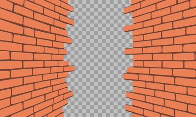 Broken brick wall, transparent background, red wall opening, damaged brick texture, urban grunge border illustration	