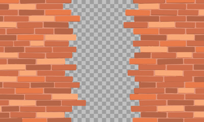 Broken brick wall, transparent background, red wall opening, damaged brick texture, urban grunge border illustration	