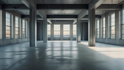 empty industrial room with large windows that let in plenty of natural light