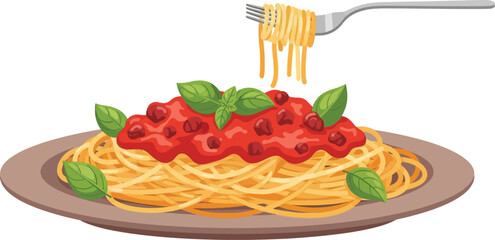 Spaghetti with tomato sauce and basil leaves on a plate with a fork holding some spaghetti up