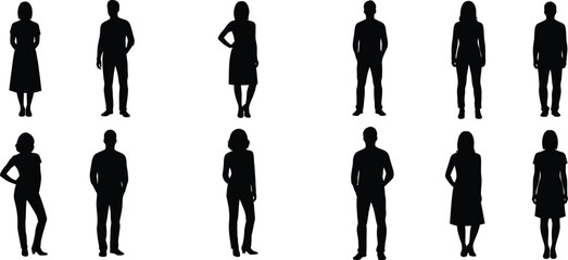 Diverse silhouettes of business people, a group of men and women in suits, stand as a vector illustration representing teamwork and success in an office setting