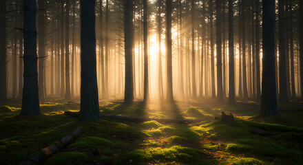 Sunlight streams through a dense forest, illuminating the trees and creating a mystical atmosphere.