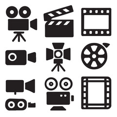 Minimalist black film and video production Icons camera, clapperboard, reel & studio equipment set.eps