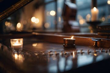 Obraz premium Soft candlelight creates a warm glow on the polished surface of a piano, enhancing the cozy atmosphere of an intimate gathering in the evening. Flickering candles add to the serene ambiance
