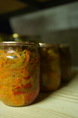 Pickled vegetables in a glass jar - closeup shot