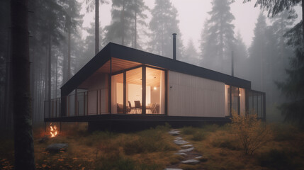 Contemporary forest cabin with large windows and warm interior light, surrounded by a misty pine forest and a glowing outdoor firepit at dusk