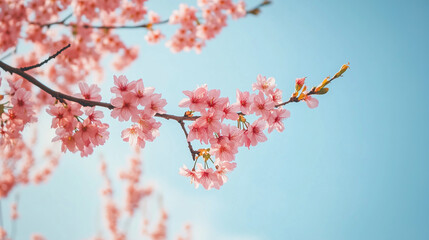 Branch of Sakura Flowers Blooming Against Bright Blue Sky