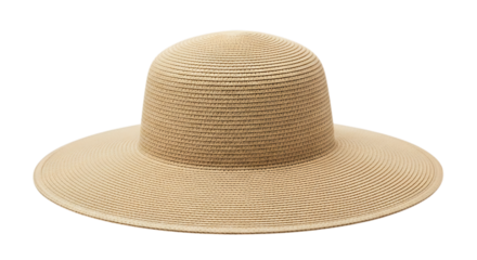 Woven straw sun hat with wide brim isolated on transparent background
