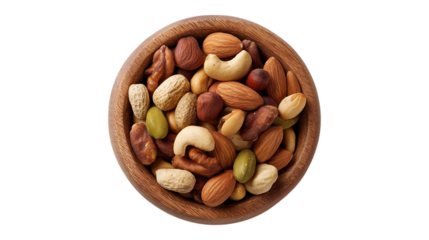 Variety of Nuts in a Wooden Bowl on Clear Backdrop