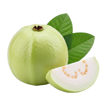 A fresh green guava with leaves and a slice showing its seeds, isolated on a transparent background