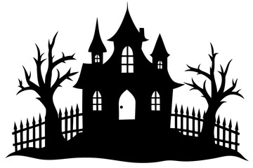 Eerie Spooky Mansion with Crooked Fence – Black Silhouette Horror Art