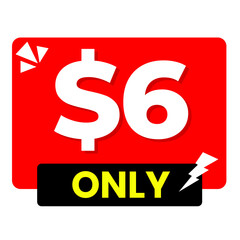 $6 only png, red colour price tag, creative label look, dynamic shape tag.