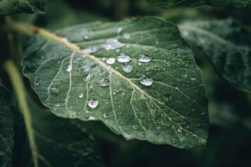 Detailed view of a green leaf covered in raindrops