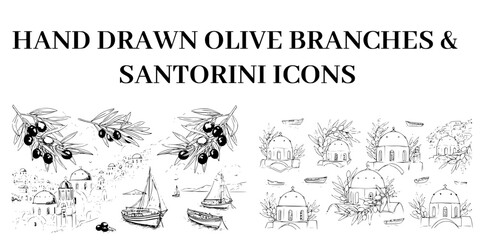 Obraz premium Hand drawn set of Greek Santorini icons featuring olive branches and traditional white houses isolated on a white background for travel guides.