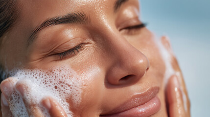 Close-Up of Woman Washing Face with Foaming Cleanser for Healthy Skin