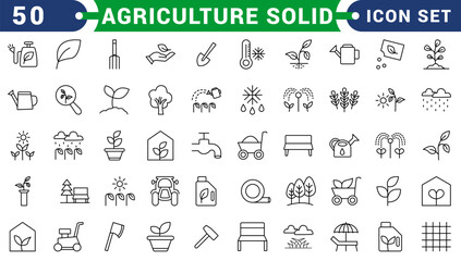 Sustainable agriculture solid icons set – eco-friendly farming, conservation, and gardening symbols: seedling, irrigation, organic, protection, recycling, watering can, pump, growth.