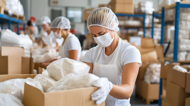 Workers pack products in a warehouse ensuring hygiene. Teams in protective gear handle goods, maintaining safety protocols in a distribution center.